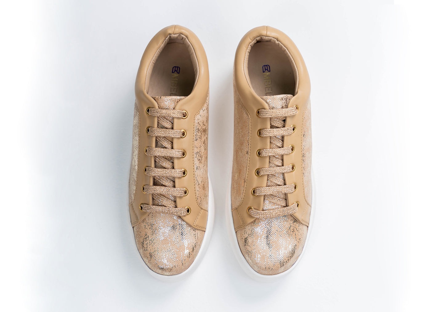 Liv – Striking gold abstract foil print sneaker with beige accents