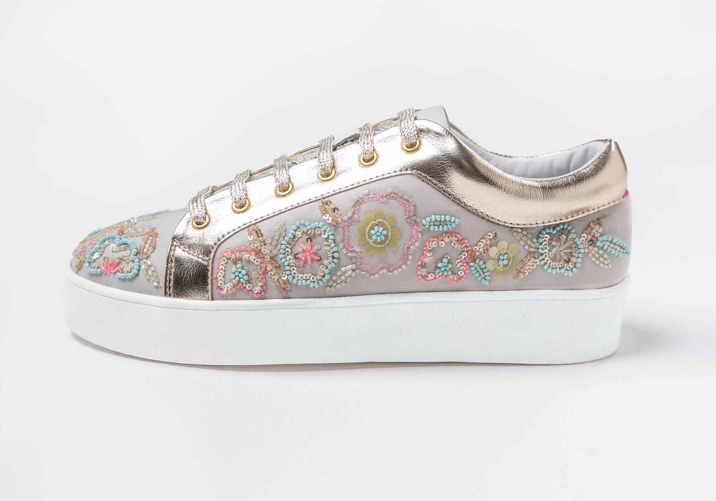 Thrive – White leather sneaker with vibrant multi-color embroidery