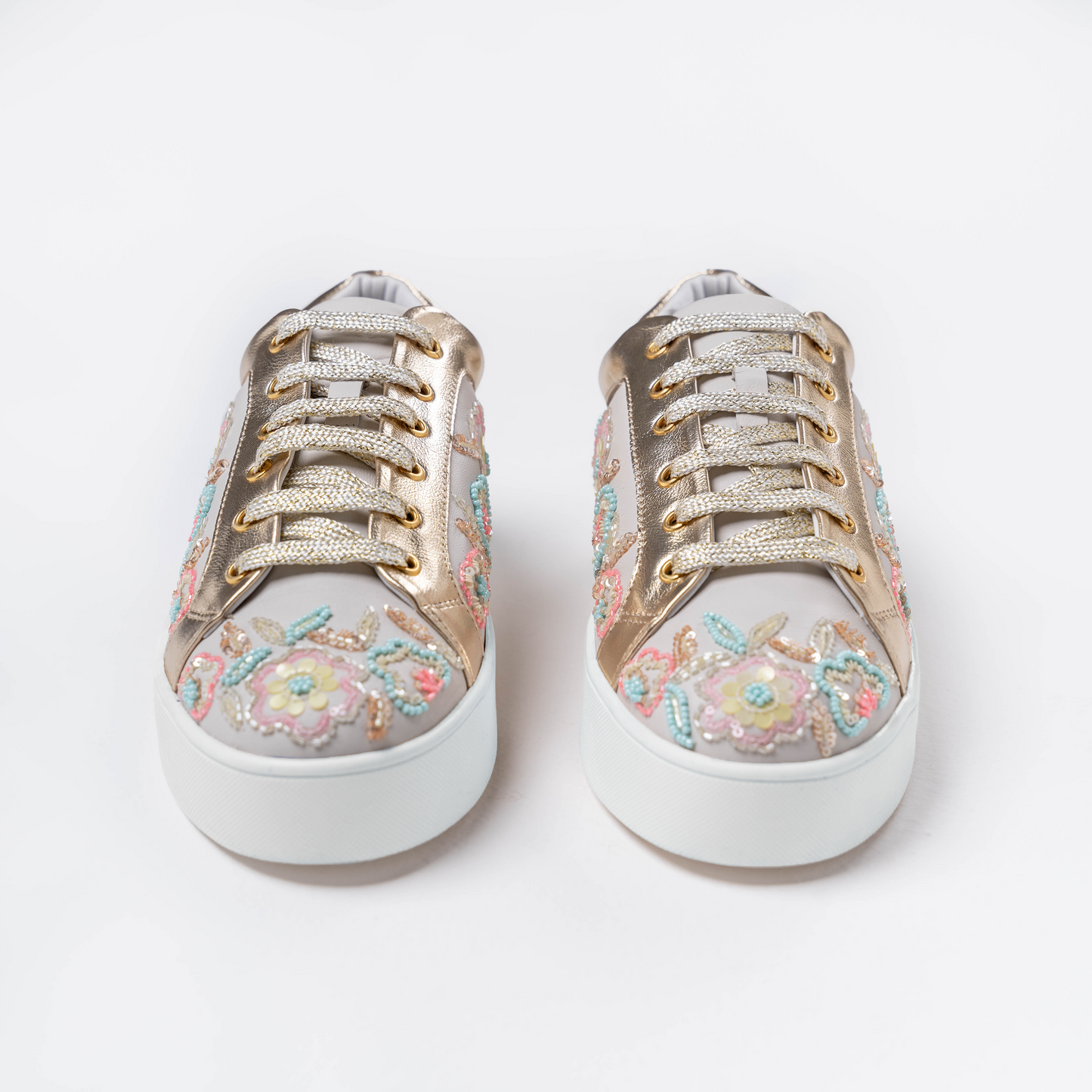 Thrive – White leather sneaker with vibrant multi-color embroidery