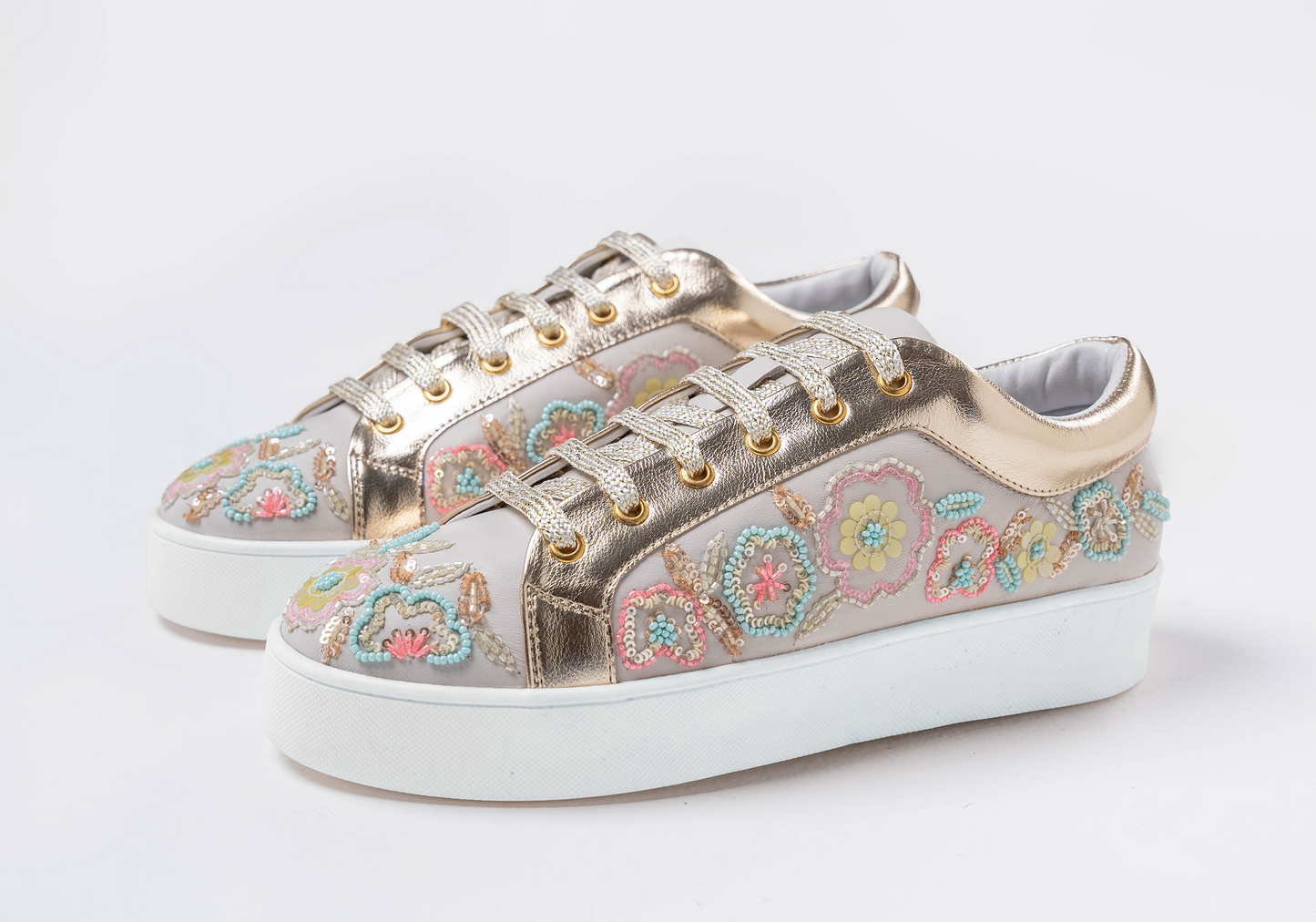 Thrive – White leather sneaker with vibrant multi-color embroidery