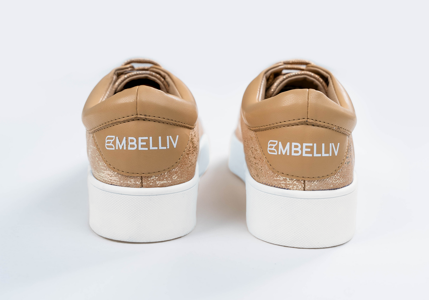 Liv – Striking gold abstract foil print sneaker with beige accents