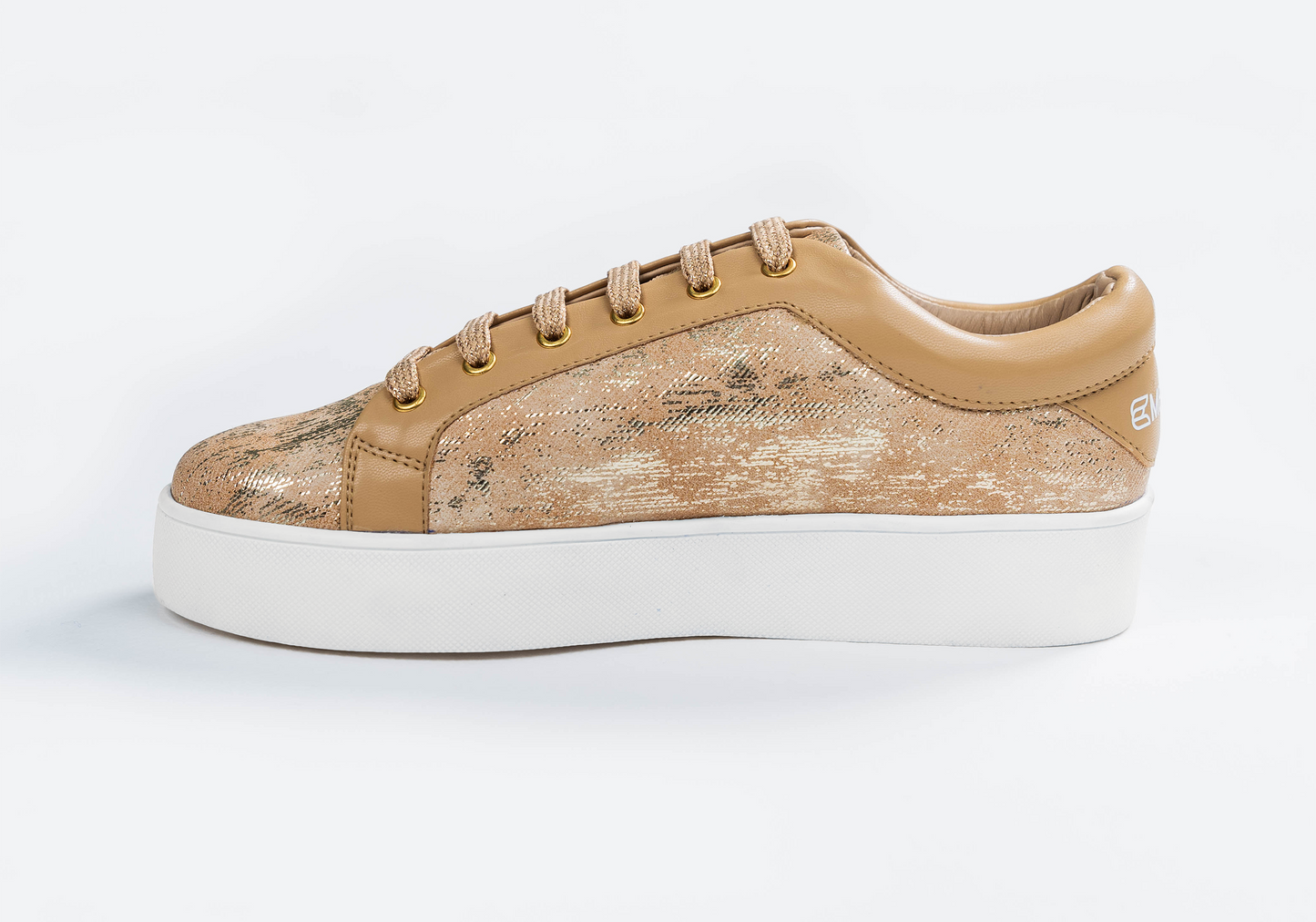Liv – Striking gold abstract foil print sneaker with beige accents