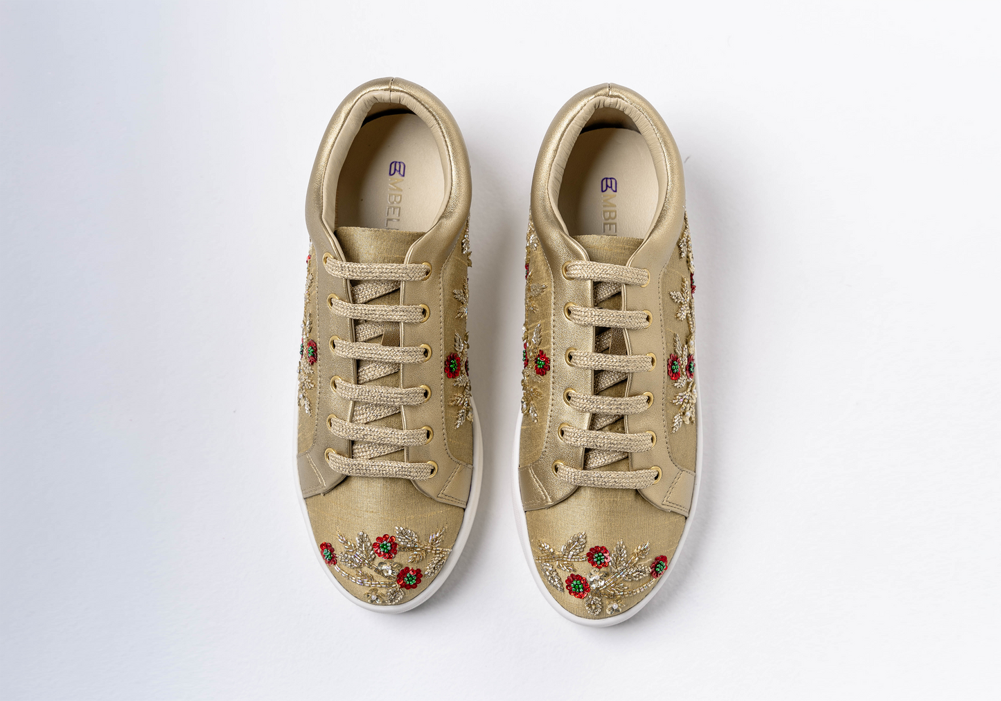 Blaze – Gold tissue fabric with gold and red flower embroidery