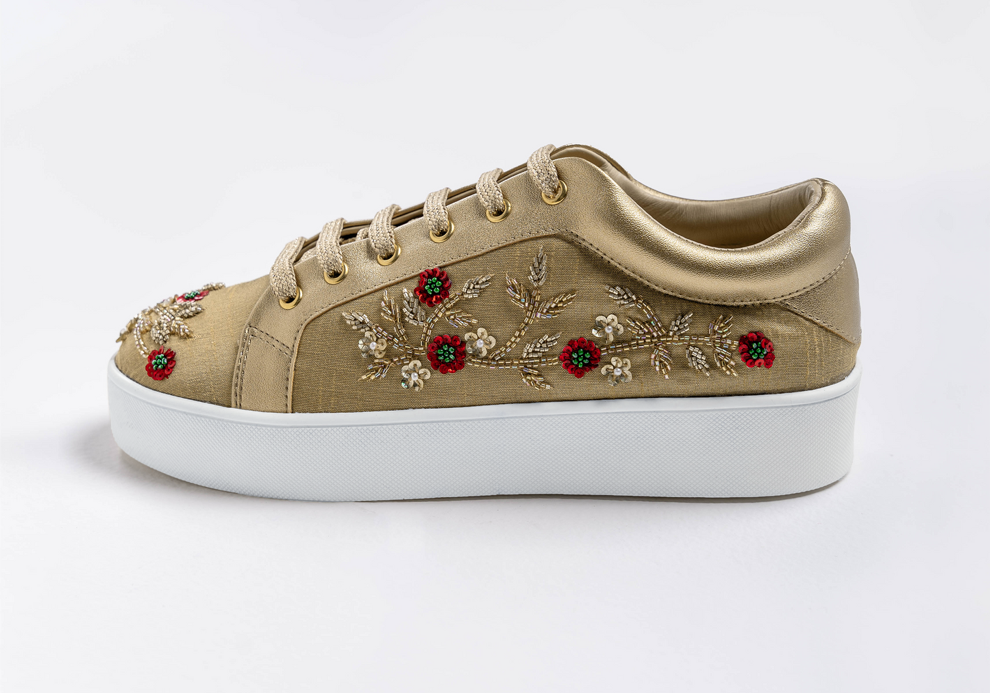 Blaze – Gold tissue fabric with gold and red flower embroidery