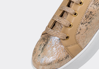 Liv – Striking gold abstract foil print sneaker with beige accents