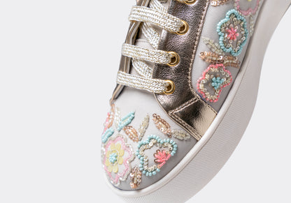Thrive – White leather sneaker with vibrant multi-color embroidery