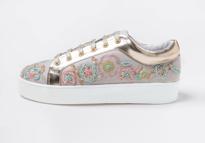 Thrive – White leather sneaker with vibrant multi-color embroidery