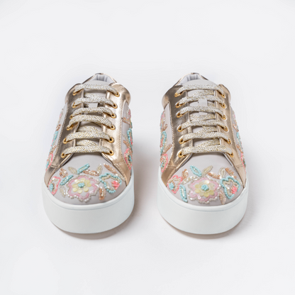 Thrive – White leather sneaker with vibrant multi-color embroidery